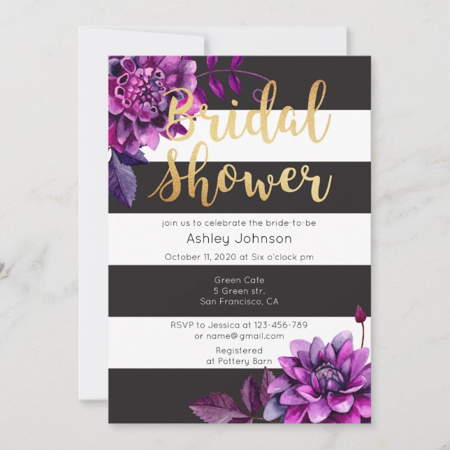 Douche nuptiale invitation or. Noir et violet (Devant)
