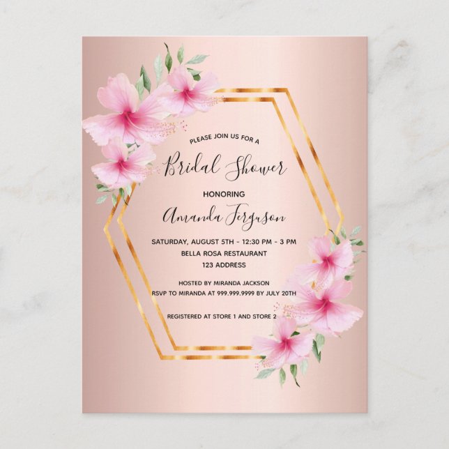 Douche nuptiale rose or rose fleurs invitation (Devant)