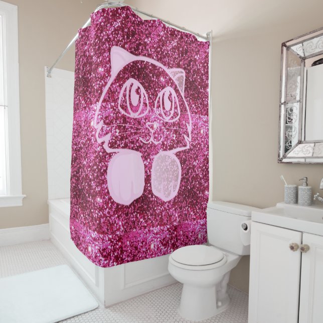 Douche Rideau Parties scintillant rose Chat (En situation)