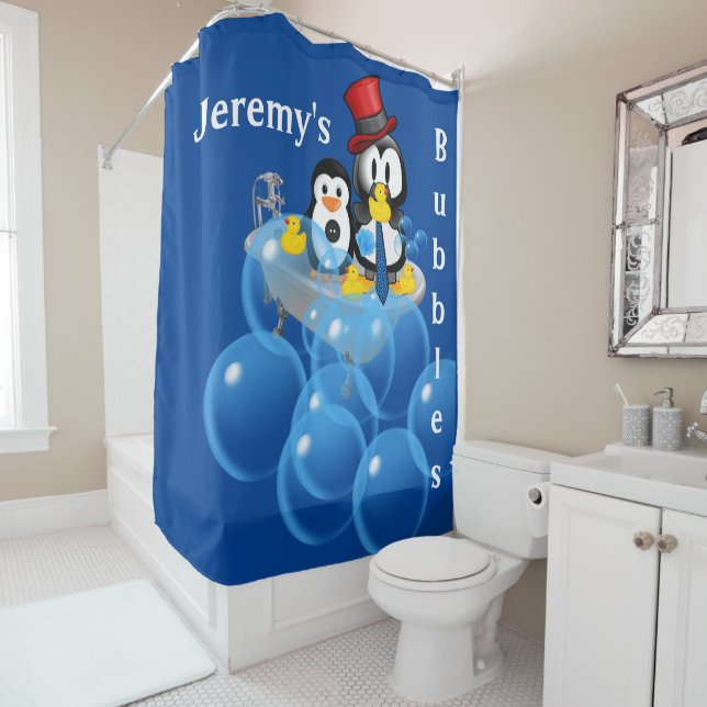 Douche Rideau Pingouin Bulles Canards Jaunes (En situation)