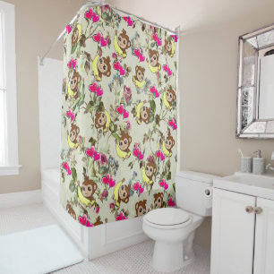 Douche Rideau Singes Bananes Coeurs roses Floral