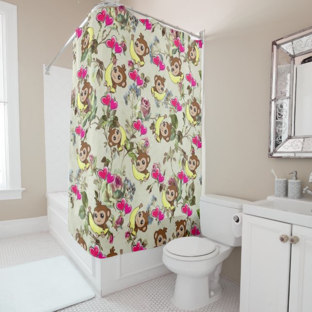 Douche Rideau Singes Bananes Coeurs roses Floral (En situation)