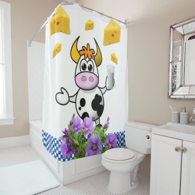 Douche Rideau Vache Lait Fromage Bleu Plaid (En situation)