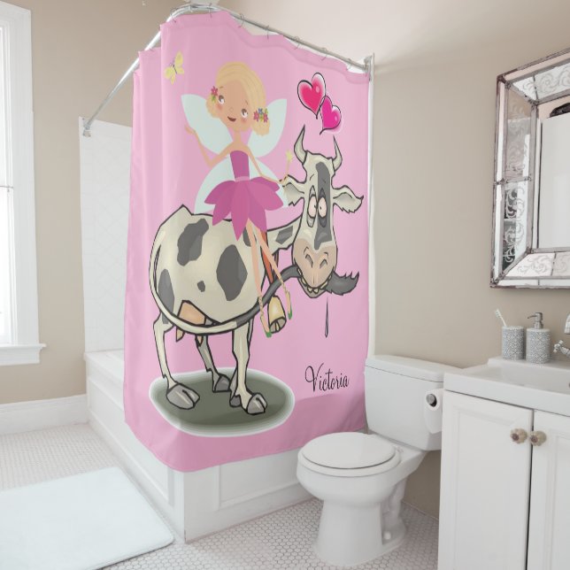 Douche rideau Vache poilue Coeurs roses (En situation)