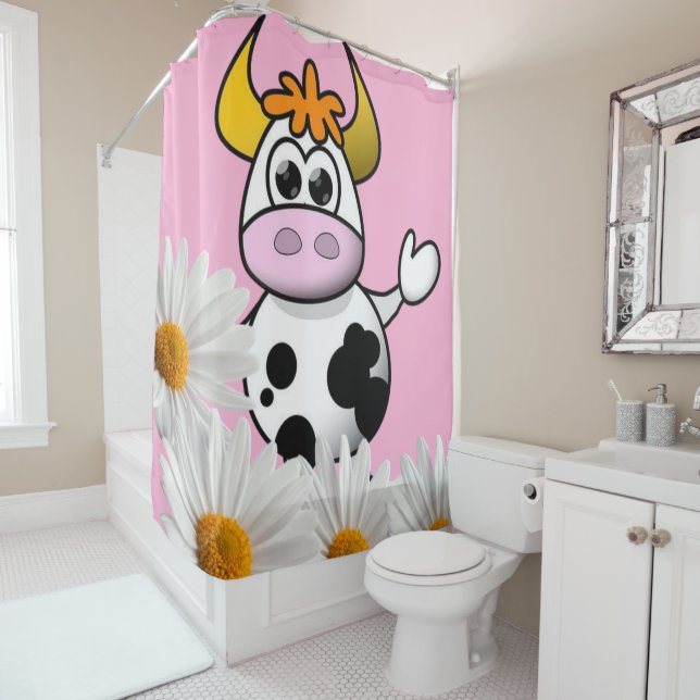 Douche Rideau Vache rose Blanc Marguerite (En situation)