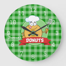 Doughnut Kitchen Koch Green Gingham Große Wanduhr