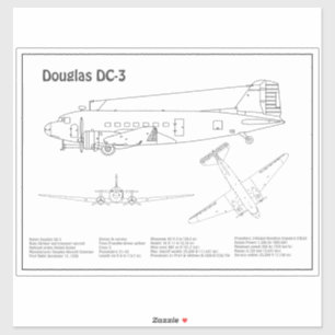 Douglas DC-3 - Airplane Blueprint Zeichnend Pläne  Aufkleber