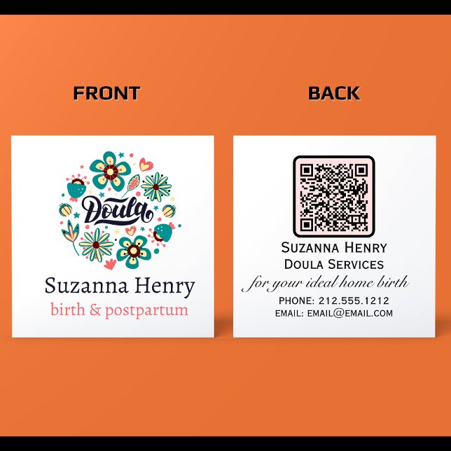 Doula Birth Postpartum Pink Floral Logo Quadratische Visitenkarte (DOULA BUSINESS CARDS)