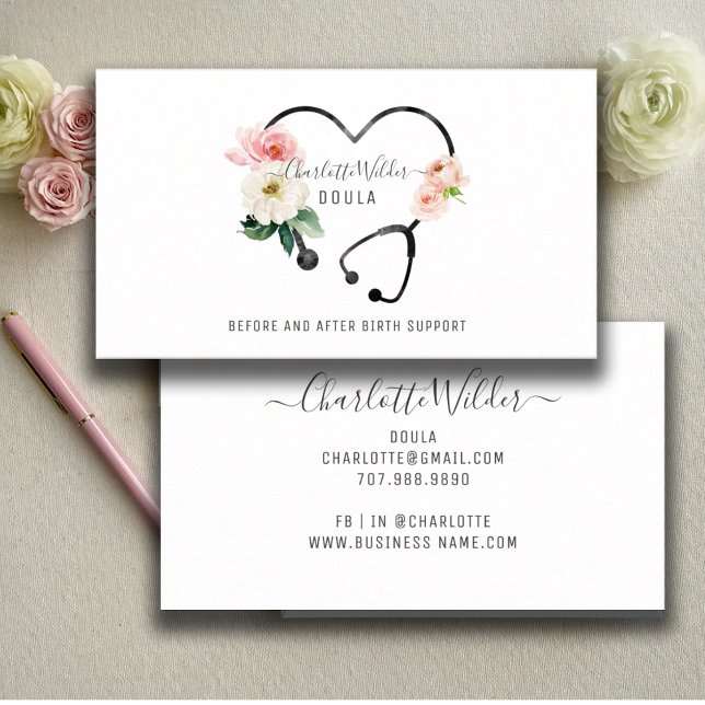 Doula Floral Stethoscope Business Card Visitenkarte (Von Creator hochgeladen)