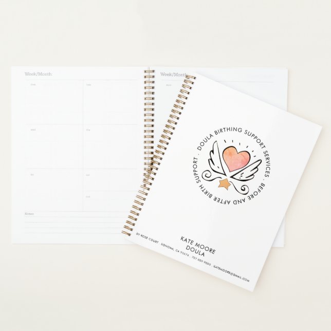 Doula Midwoman Whimsical Rose Coeur & Ailes Blanc (Devant avec enveloppe)