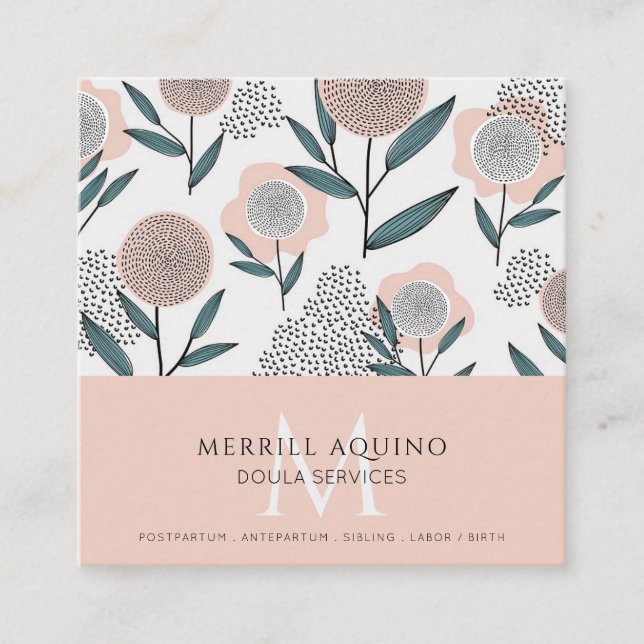 Doula Services Monogram Hand Drain Floral Quadratische Visitenkarte (Vorderseite)