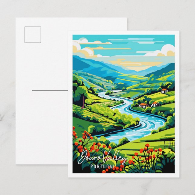 Douro Valley Portugal Vintage Illustration Postkarte (Vorne/Hinten)