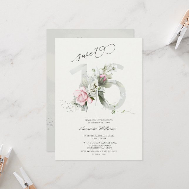 Doux 16 Gris Rose | Invitation romantique argent (Devant/Arrière en situation)