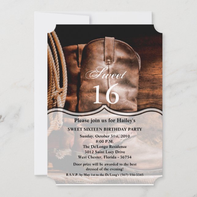 Doux 16 Invitations d'anniversaire Cowboy Boots Ba (Devant)