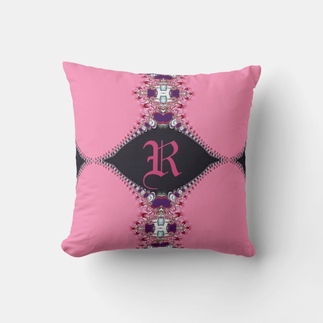 Doux coussin à monogramme de design rose lacy (Recto)