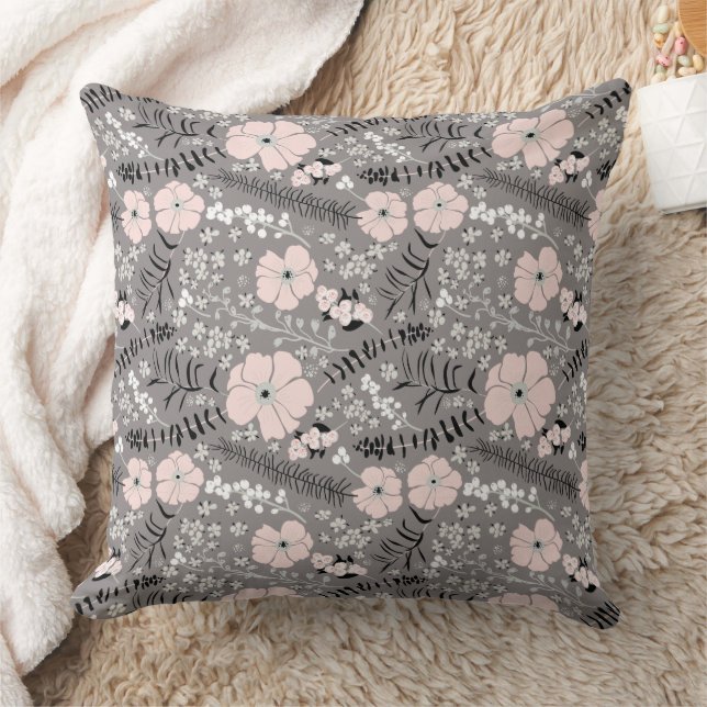 Doux Gris rose blanc Motif Floral Jeter Oreiller (Couverture)