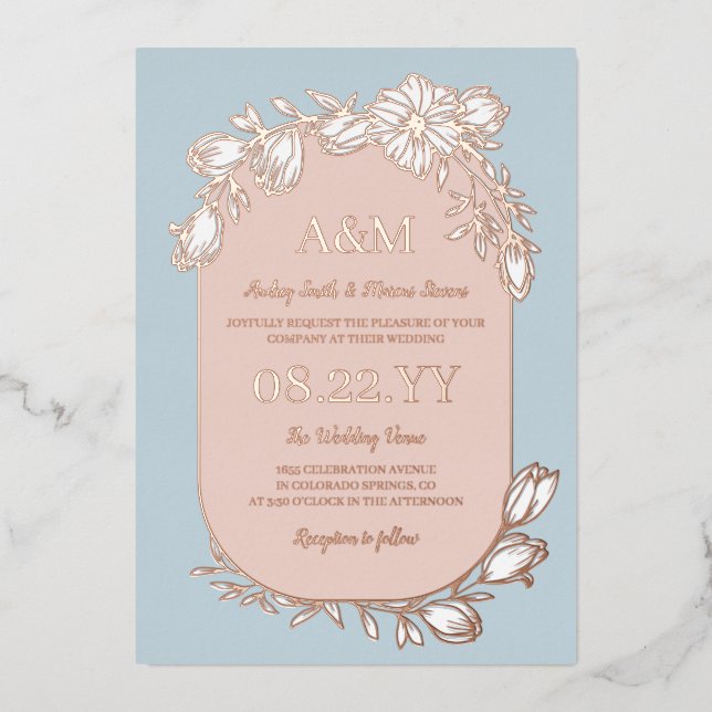 Dove Blue Rose Gold White Floral Frame Wedding Folieneinladung (Vorderseite)
