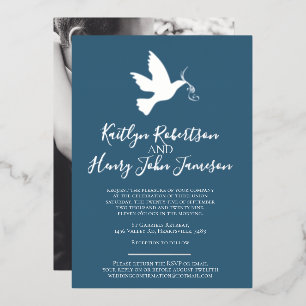 Dove gold-blau-graues einfaches Hochzeitsszenario  Folieneinladung