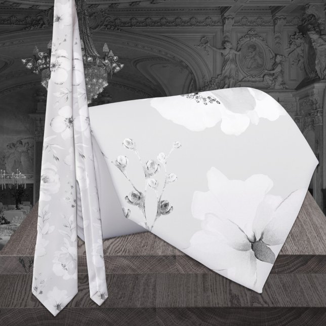 Dove Gray on White Garden Peony Wedding Neck Tie Krawatte (Von Creator hochgeladen)