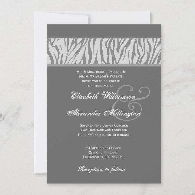 Dove Gray und Silver Zebra Hochzeitspapier Einladung (Vorderseite)