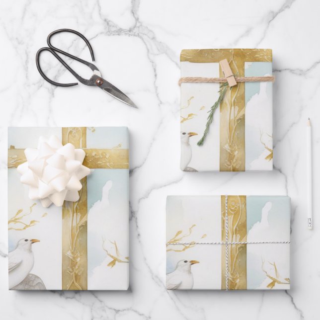 Dove of Peace und Cross Wrapping Paper Geschenkpapier Set (Vorderseite)