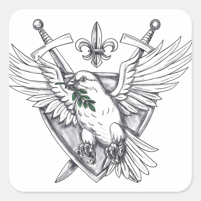 Dove Olive Leaf Schwert Wappen Tattoo Quadratischer Aufkleber (Vorderseite)