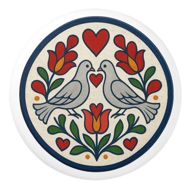 Dove und Tulip Pennsylvania Dutch Hex Sign Knob Keramikknauf (Vorderseite)