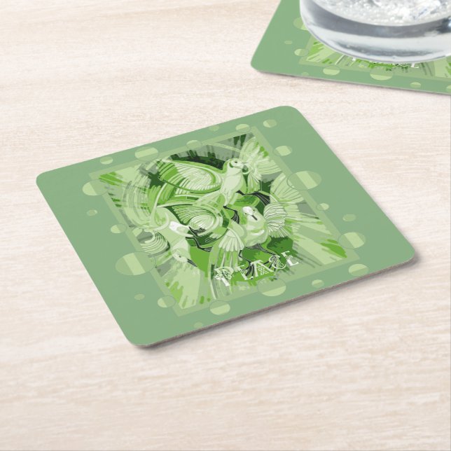 Dove With Celtic Peace Text In Green Tones Rechteckiger Pappuntersetzer (angewinkelt)