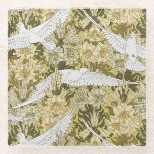 Doves and Lilies, Floral & Birds Art Nouveau Glasuntersetzer