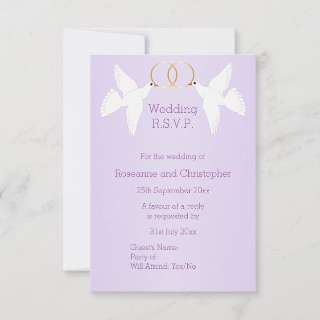 Doves Design Lilac Colored Wedding RSVP Karte (Vorderseite)