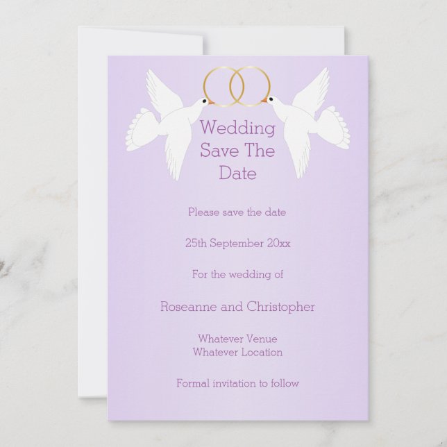 Doves Design Lilac Colored Wedding Save The Date (Vorderseite)