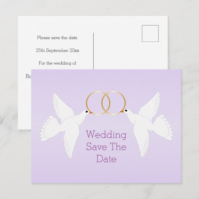 Doves Design Lilac farbige Hochzeit speichern das  Ankündigungspostkarte (Vorne/Hinten)