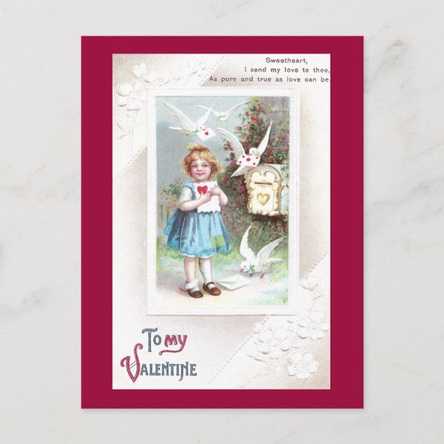 Doves, Mailbox & Girl Vintag Valentine Feiertagspostkarte (Vorderseite)