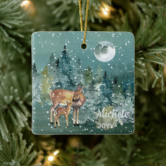 Down Fawn Deer Forest Full Moon Snowfall Wasserfar Keramikornament (Baum)