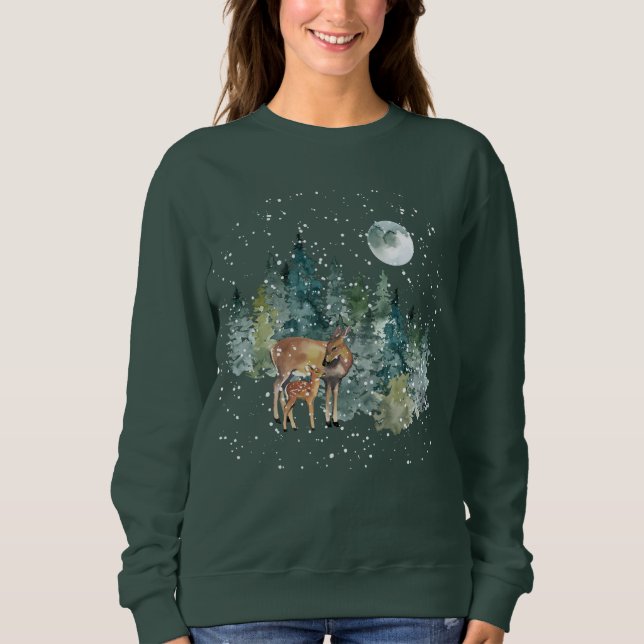 Down Fawn Deer Forest Full Moon Snowfall Weihnacht Sweatshirt (Vorderseite)