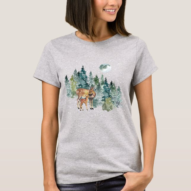Down Fawn Deer Forest Full Moon Snowfall Weihnacht T-Shirt (Vorderseite)