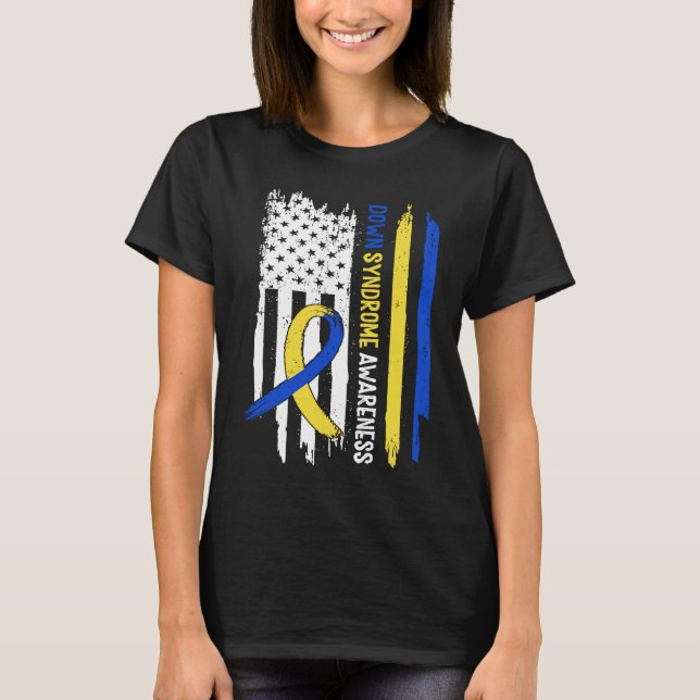 Down Syndrome USA Flag Blue Yellow Ribbon T-Shirt (Vorderseite)