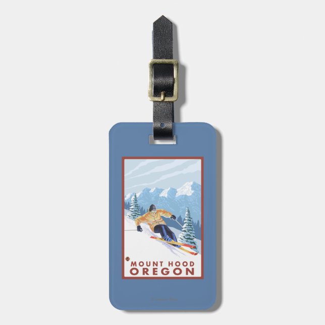 Downhhill Schnee-Skifahrer - Berg-Haube, Oregon Gepäckanhänger (Vorderseite vertikal)