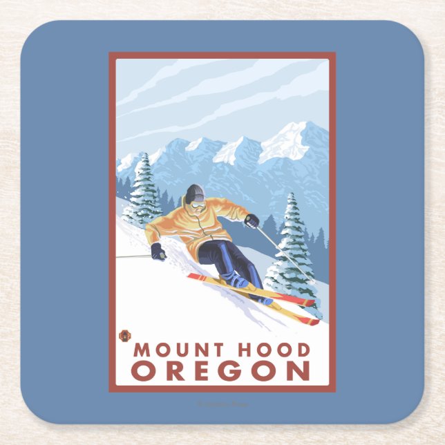Downhhill Schnee-Skifahrer - Berg-Haube, Oregon Rechteckiger Pappuntersetzer (Vorderseite)