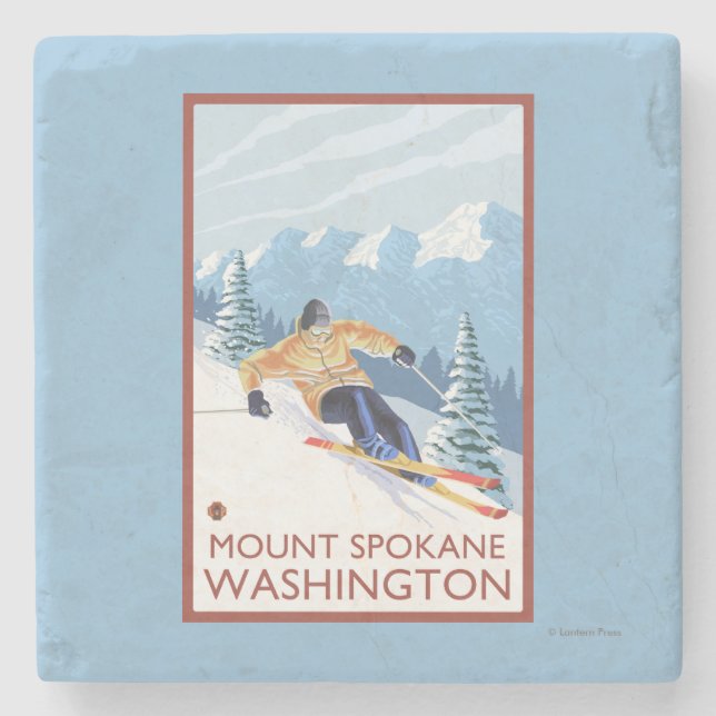 Downhhill Schnee-Skifahrer - Berg Spokane, Steinuntersetzer (Vorderseite)