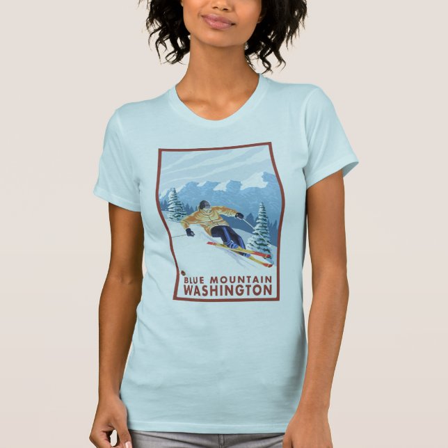 Downhhill Schnee-Skifahrer - blauer Berg, T-Shirt (Vorderseite)