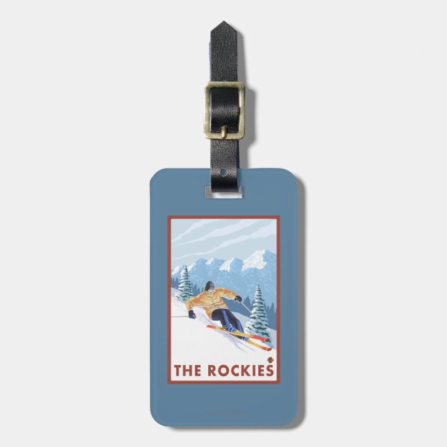 Downhhill Schnee-Skifahrer - die Rockies Gepäckanhänger (Vorderseite vertikal)