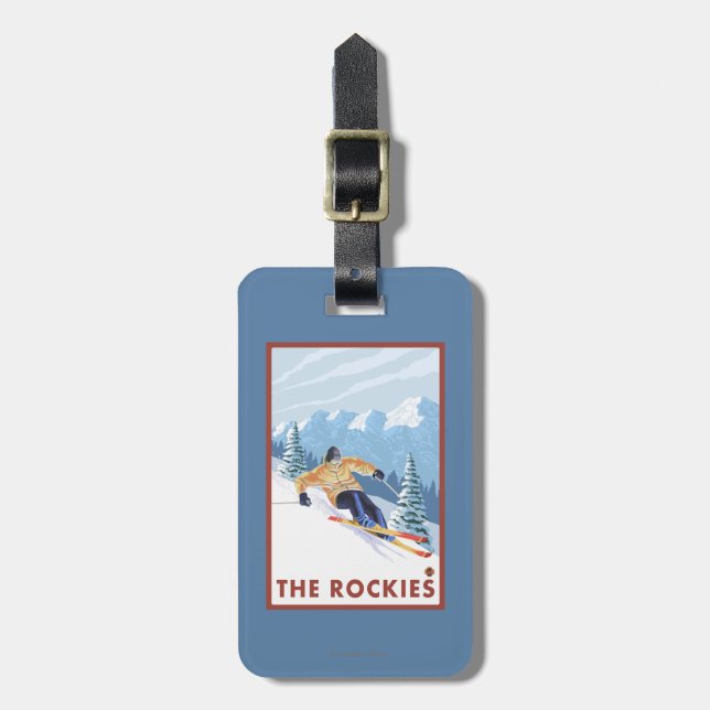 Downhhill Schnee-Skifahrer - die Rockies Gepäckanhänger (Vorderseite vertikal)
