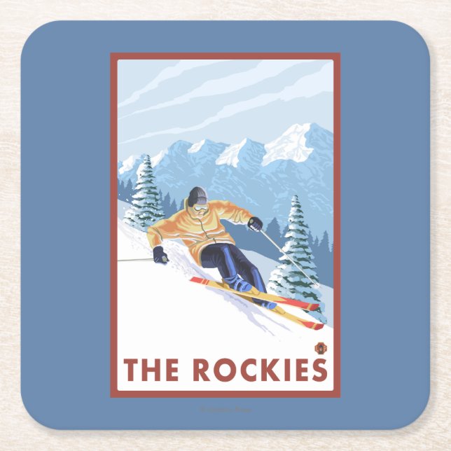 Downhhill Schnee-Skifahrer - die Rockies Rechteckiger Pappuntersetzer (Vorderseite)