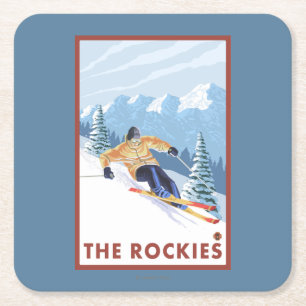Downhhill Schnee-Skifahrer - die Rockies Rechteckiger Pappuntersetzer