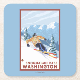 Downhhill Schnee-Skifahrer - Snoqualmie Durchlauf, Rechteckiger Pappuntersetzer