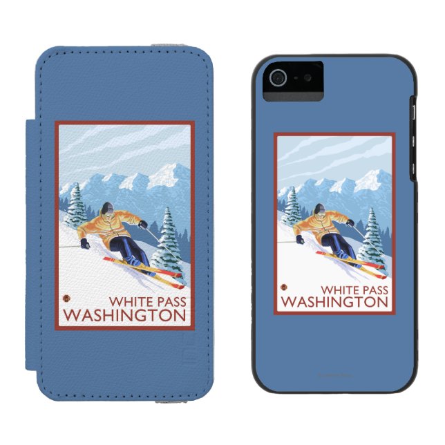 Downhhill Schnee-Skifahrer - weißer Durchlauf, Incipio iPhone Geldbeutel-Hülle (Seite an Seite)