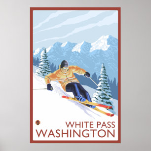 Downhhill Schnee-Skifahrer - weißer Durchlauf, Poster