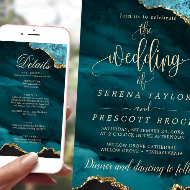 Download Blue Emerald Gold Hochzeitseinladung Einladung (wedding invitation)
