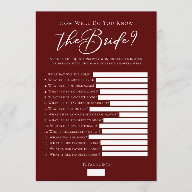 Downloadable Burgundy Bride Facts Shower Game Karte (Vorderseite)